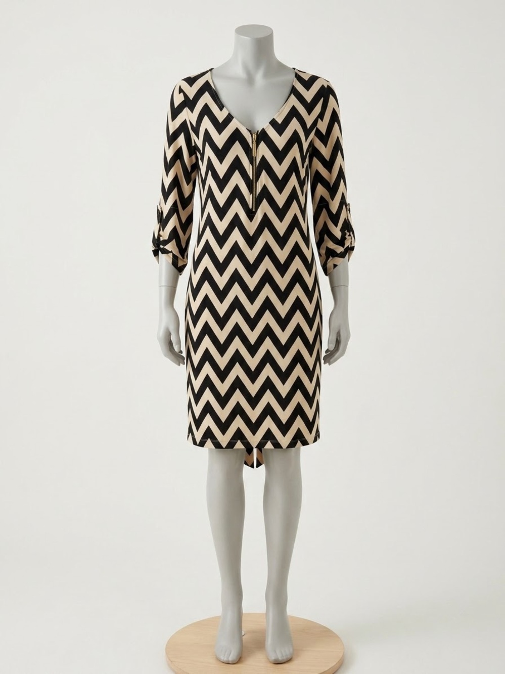 Tacera Chevron Zip Front Shift Dress in Black and Cream
